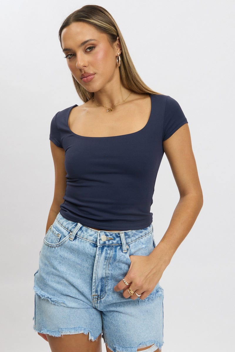 Blue Supersoft Top Short Sleeve Scoop Neck for Ally Fashion