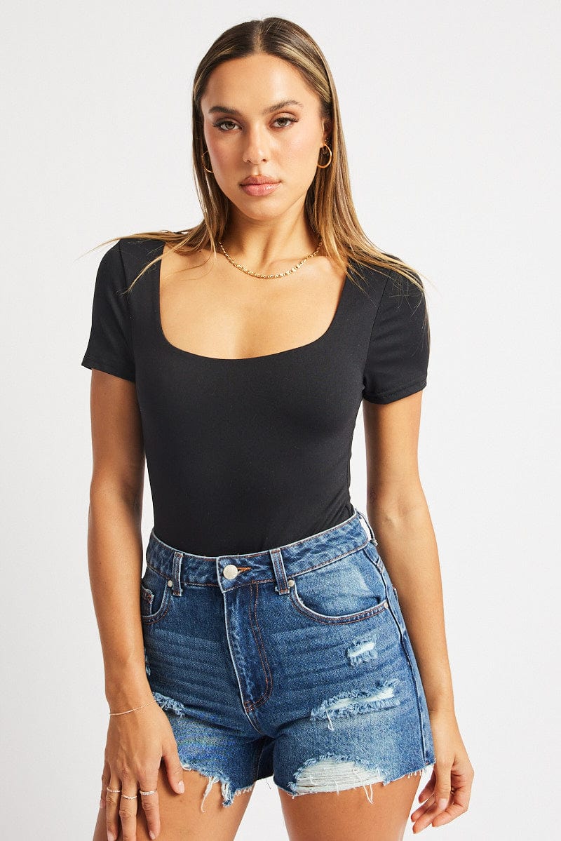 Black Bodysuit Short Sleeve Supersoft for Ally Fashion