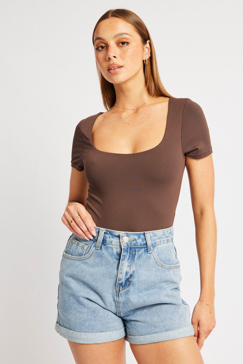 Brown Bodysuit Short-Sleeve Supersoft from Ally Fashion