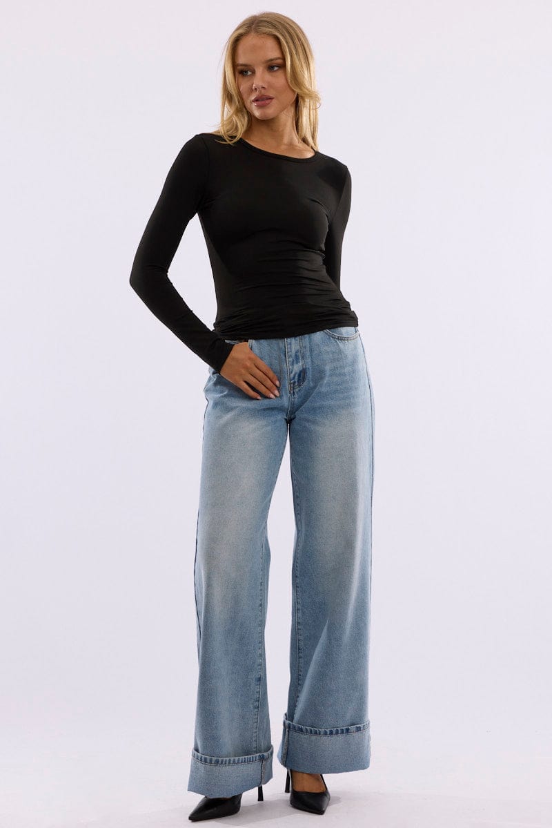 Black Fleece Lined Top Long Sleeve Crew Neck for Ally Fashion
