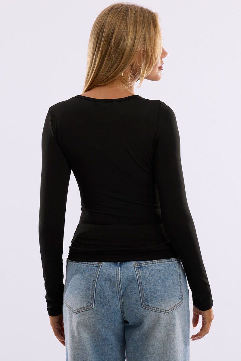 Black Fleece Lined Top Long Sleeve Crew Neck for Ally Fashion
