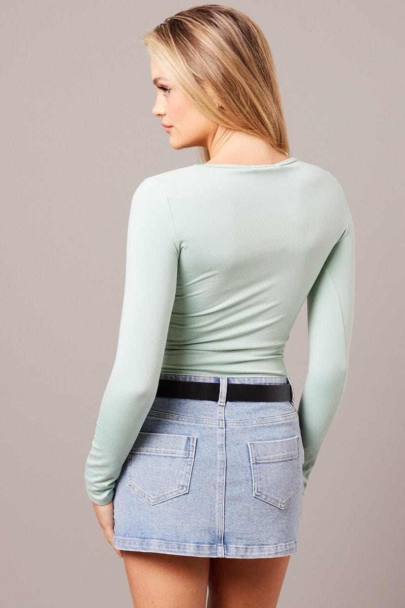 Green Fleece Lined Top Long Sleeve Crew Neck for Ally Fashion