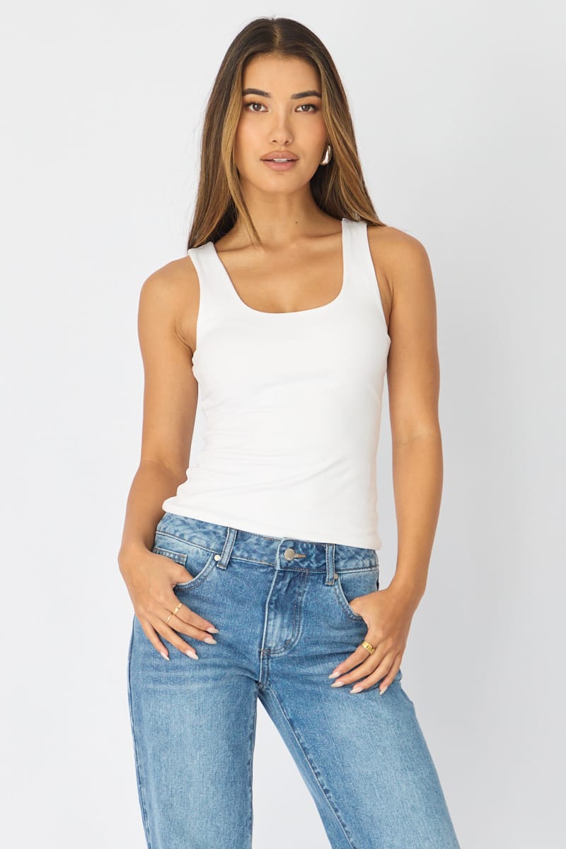 White Sleeveless Scoop Neck Tank Top for Ally Fashion