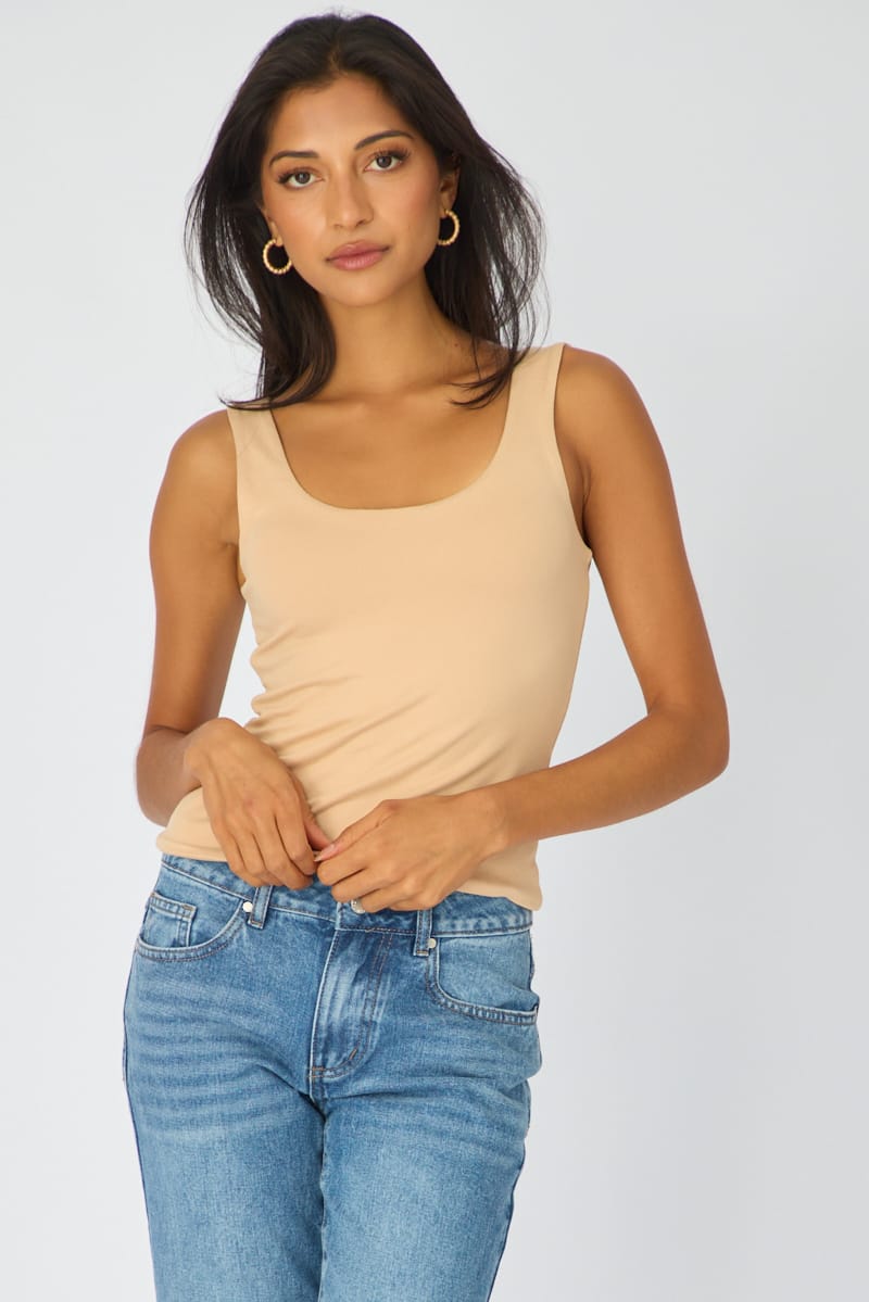 Beige Sleeveless Scoop Neck Tank Top for Ally Fashion