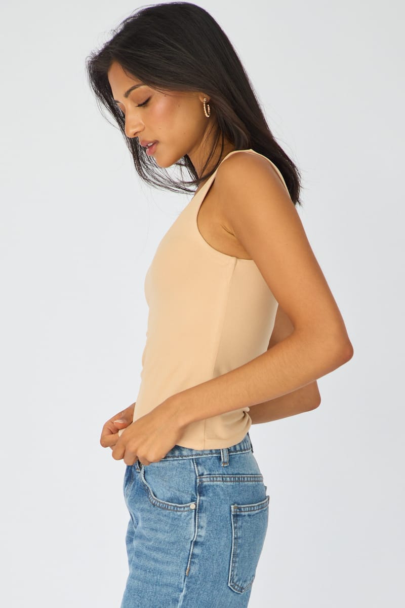 Beige Sleeveless Scoop Neck Tank Top for Ally Fashion