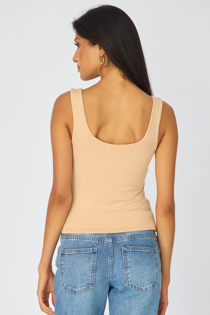 Beige Sleeveless Scoop Neck Tank Top for Ally Fashion