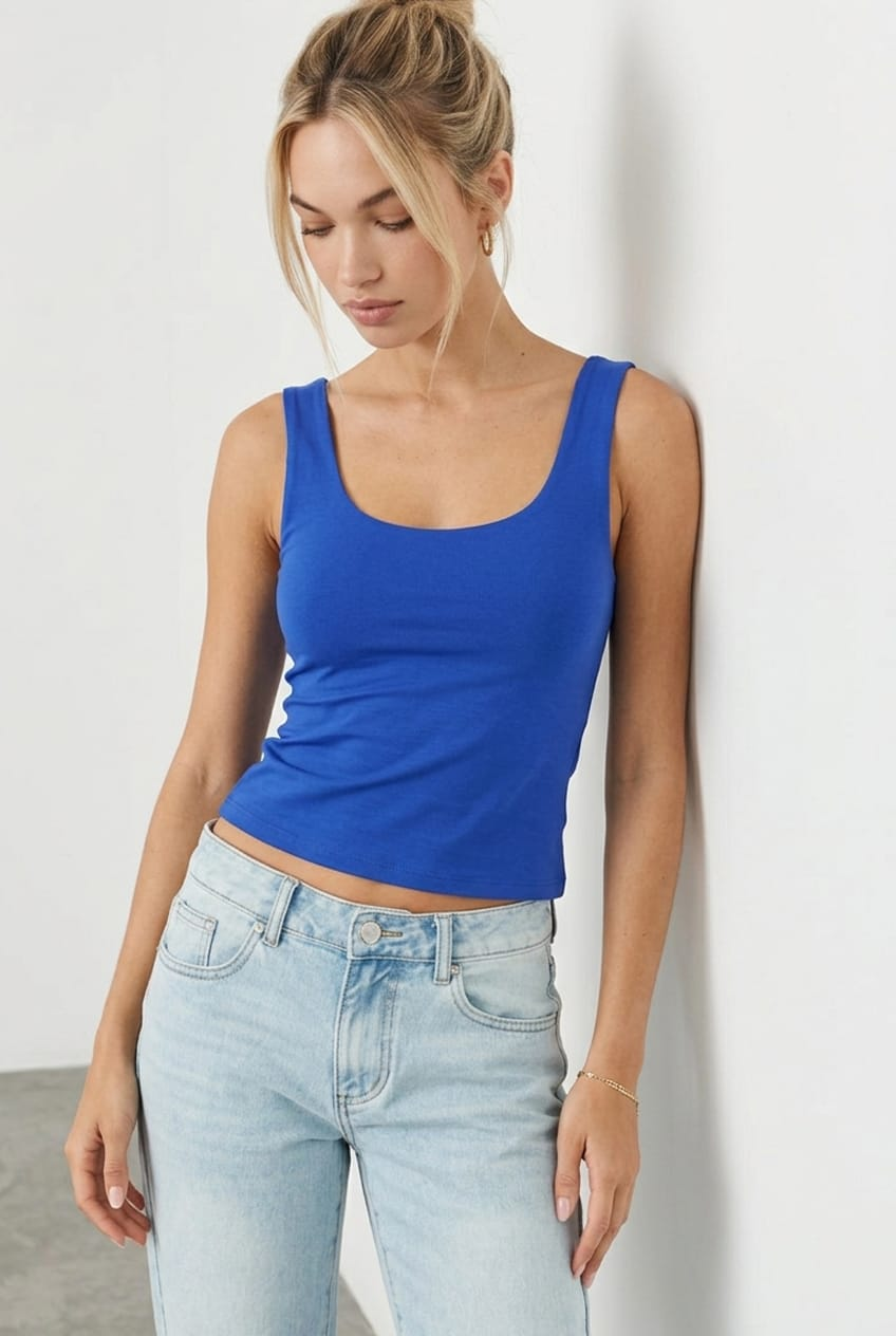 Blue Sleeveless Scoop Neck Tank Top for Ally Fashion