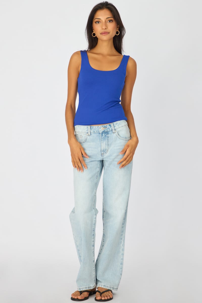 Blue Sleeveless Scoop Neck Tank Top for Ally Fashion