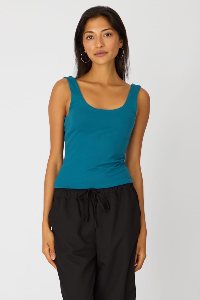 Blue Sleeveless Scoop Neck Tank Top for Ally Fashion