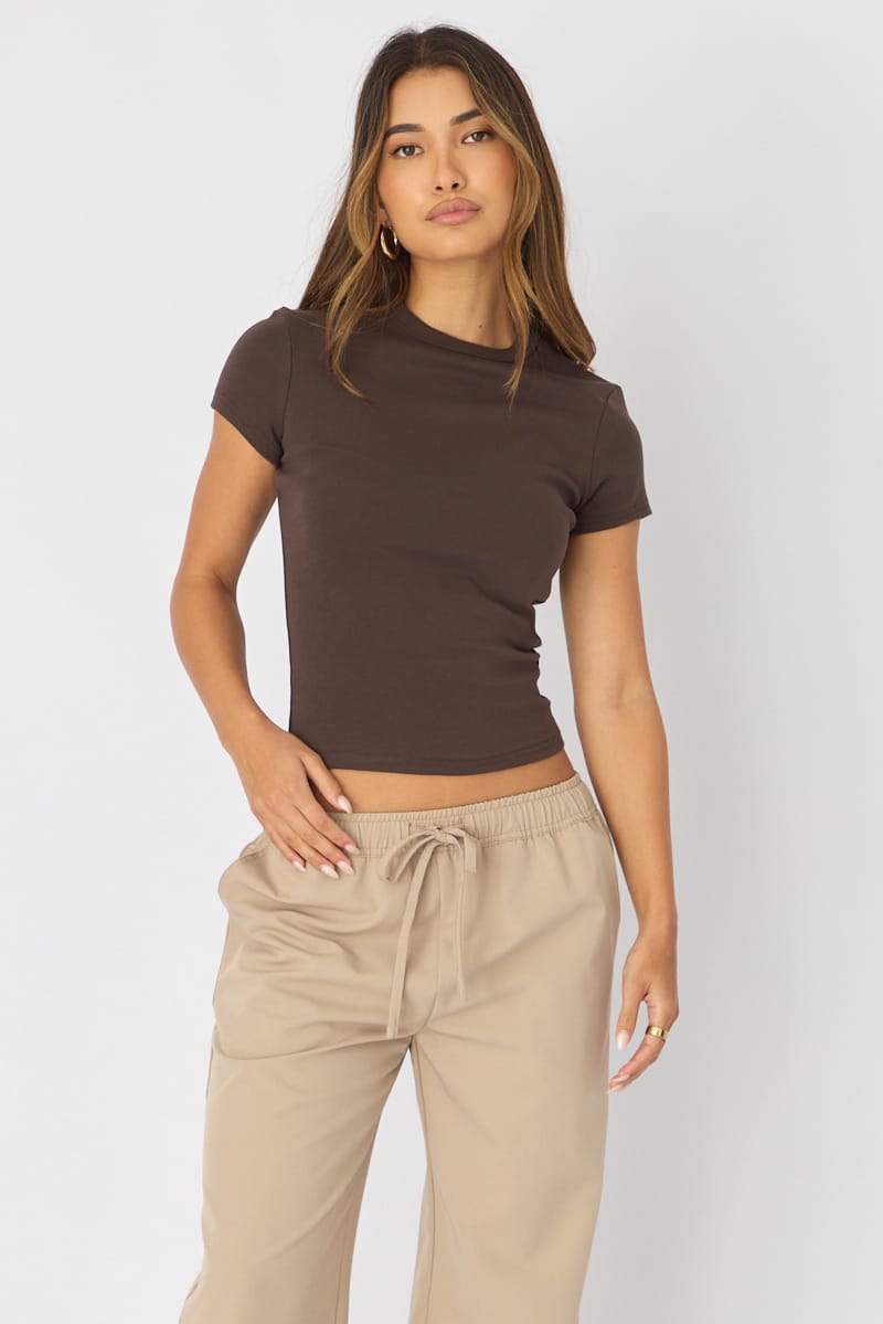 Brown T-shirt Short Sleeve Crew Neck for Ally Fashion