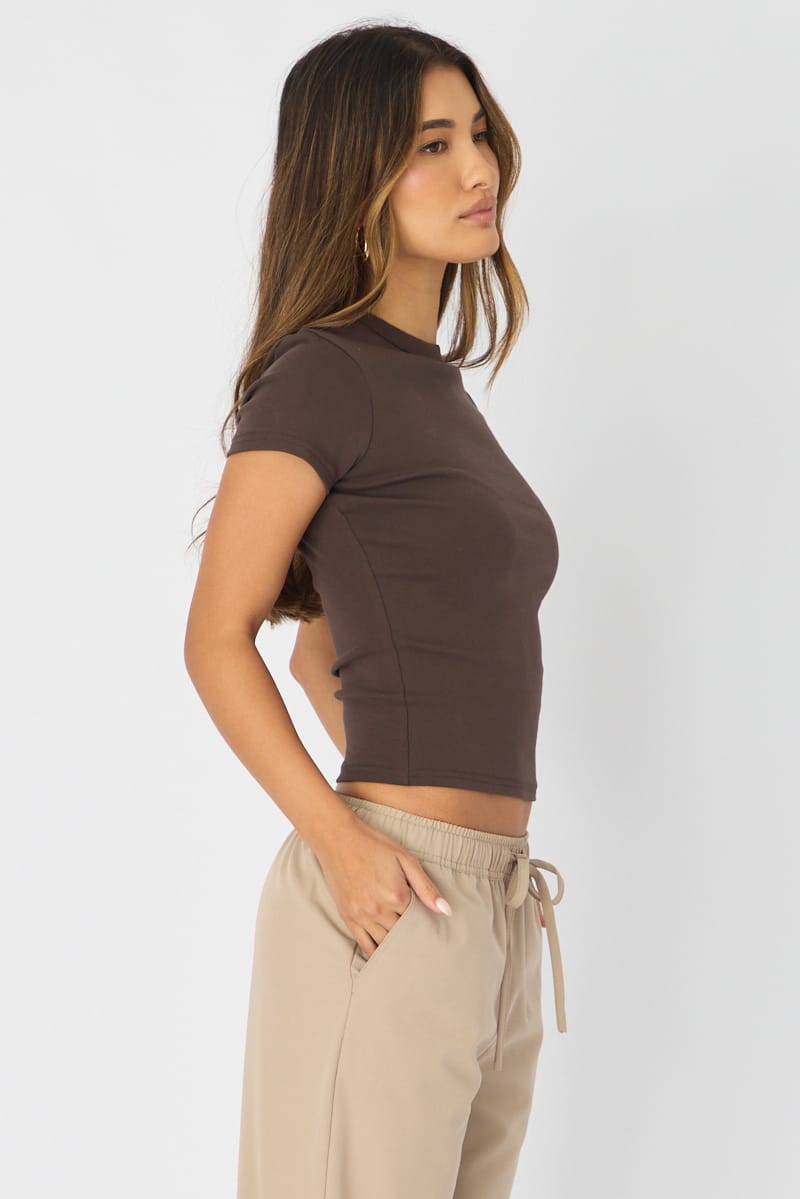 Brown T-shirt Short Sleeve Crew Neck for Ally Fashion