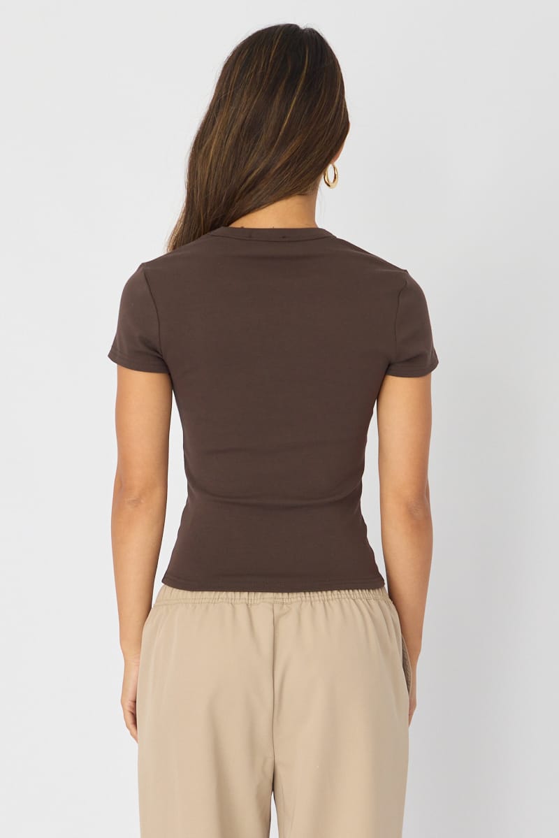 Brown T-shirt Short Sleeve Crew Neck for Ally Fashion