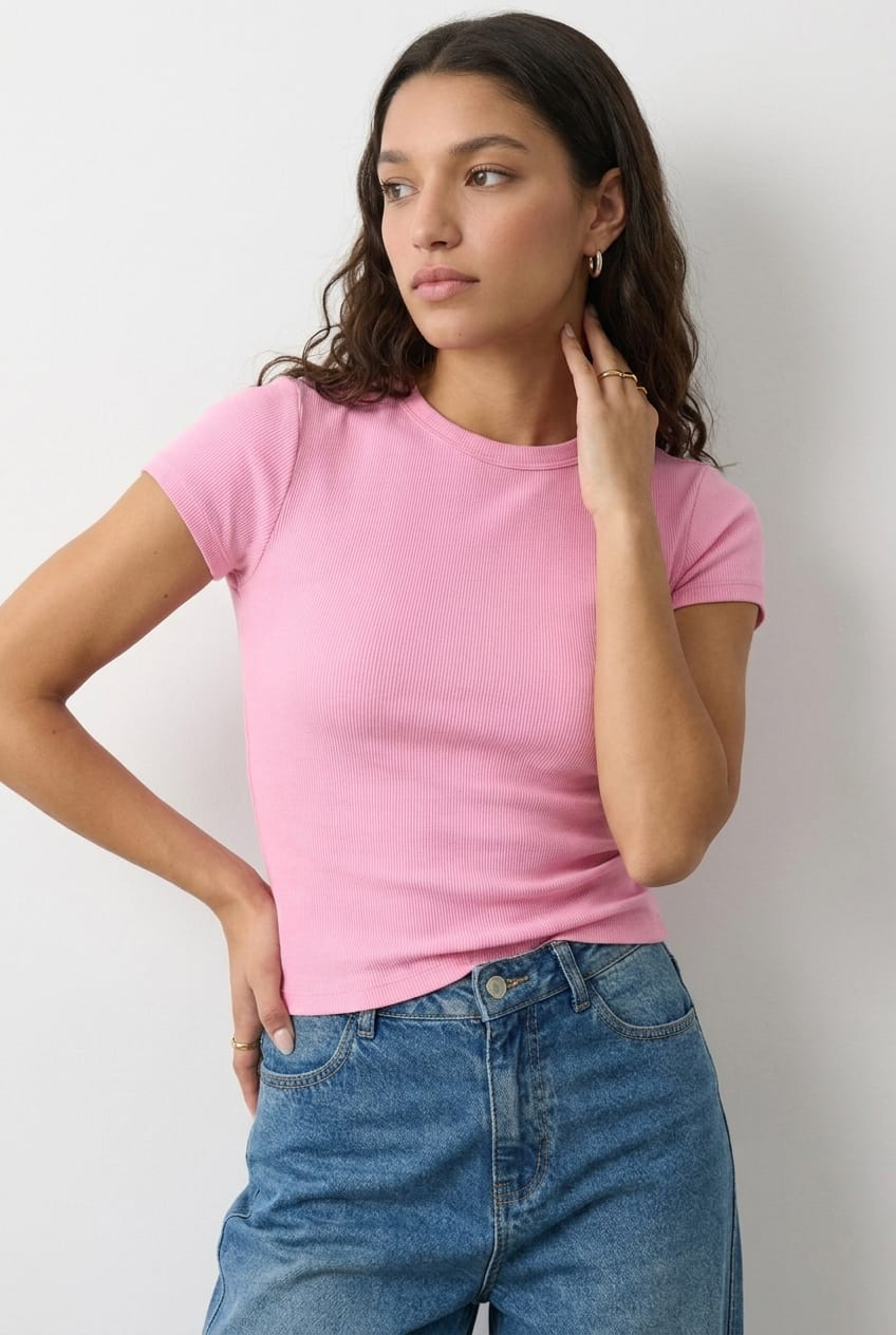 Pink T-shirt Short Sleeve Crew Neck for Ally Fashion