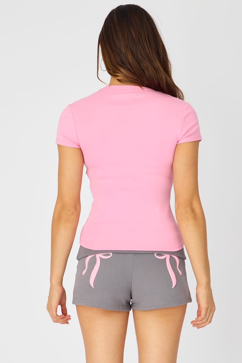 Pink T-shirt Short Sleeve Crew Neck for Ally Fashion