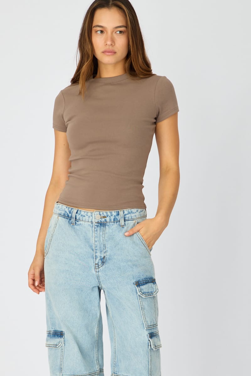 Brown T-shirt Short Sleeve Crew Neck for Ally Fashion