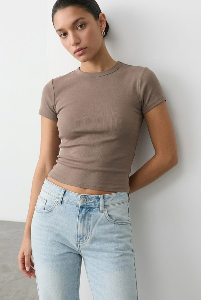 Brown T-shirt Short Sleeve Crew Neck for Ally Fashion