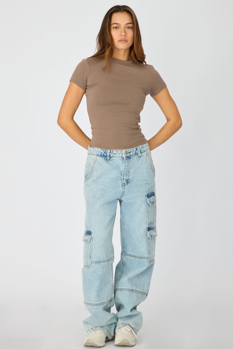 Brown T-shirt Short Sleeve Crew Neck for Ally Fashion