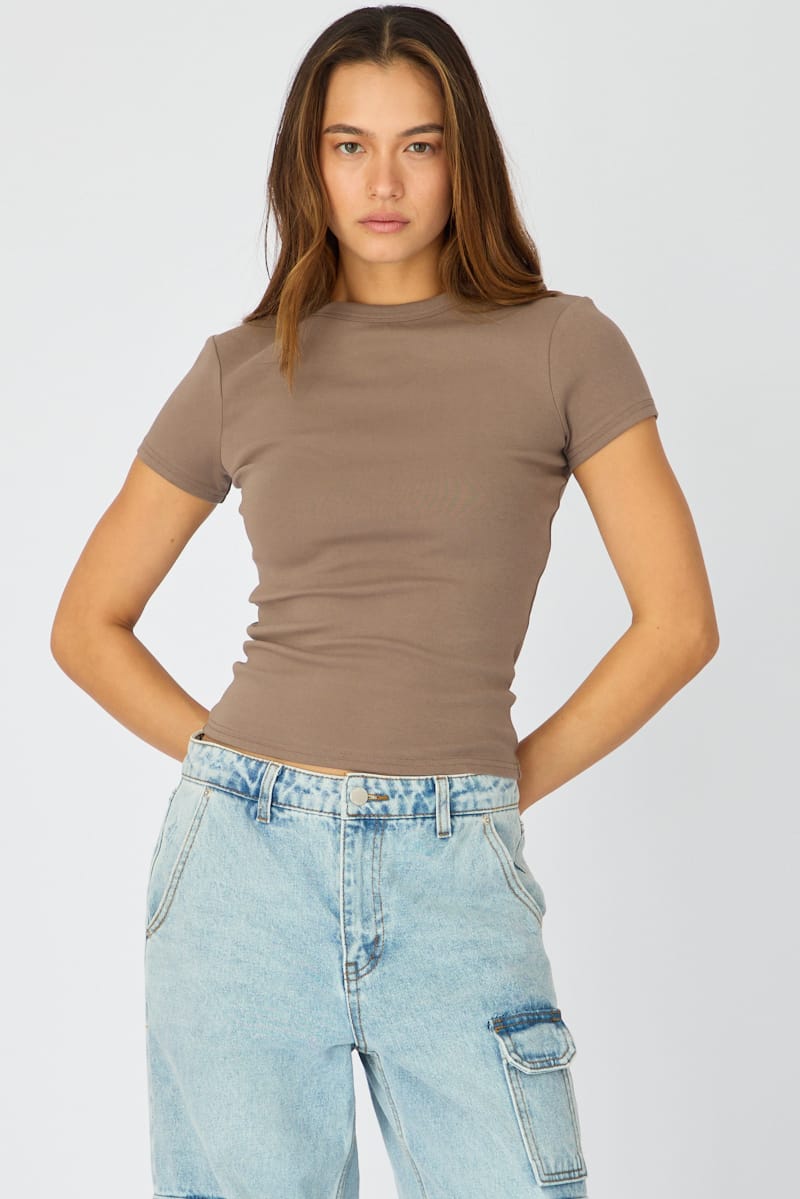 Brown T-shirt Short Sleeve Crew Neck for Ally Fashion