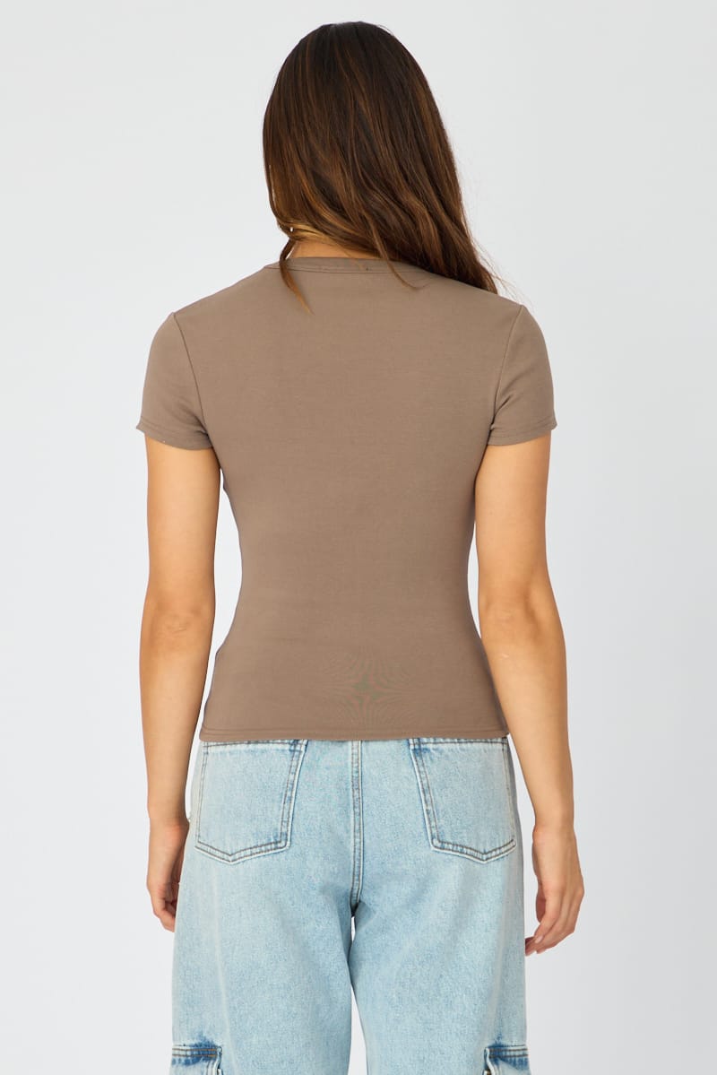 Brown T-shirt Short Sleeve Crew Neck for Ally Fashion