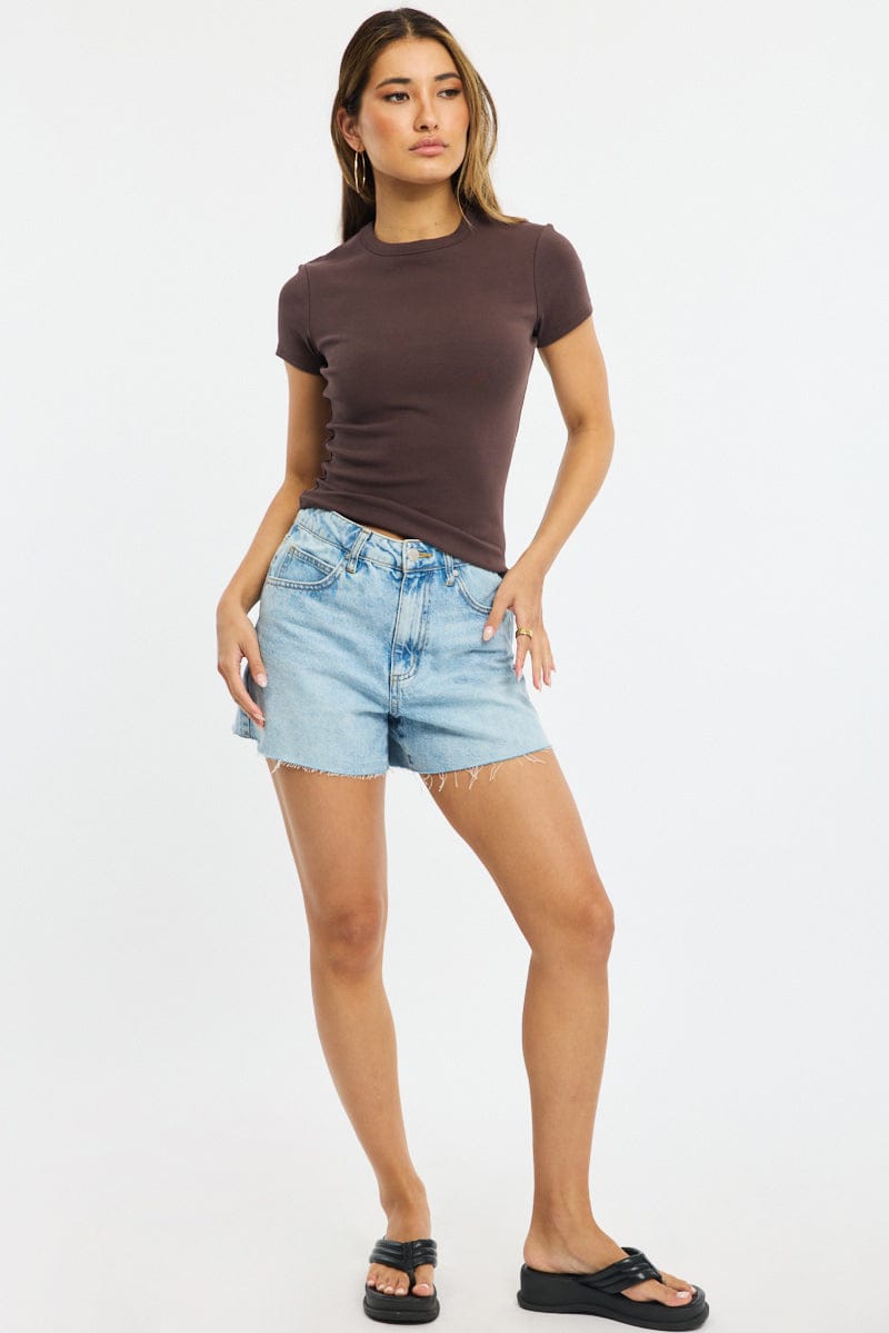 Brown T-shirt Short Sleeve Crew Neck for Ally Fashion