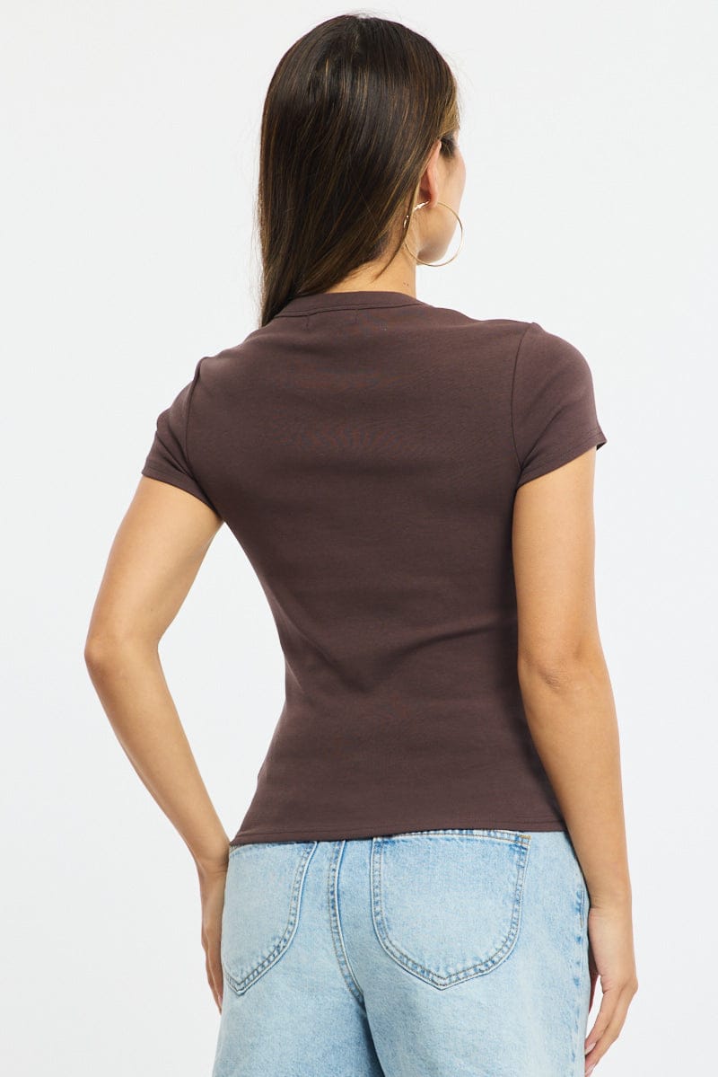 Brown T-shirt Short Sleeve Crew Neck for Ally Fashion