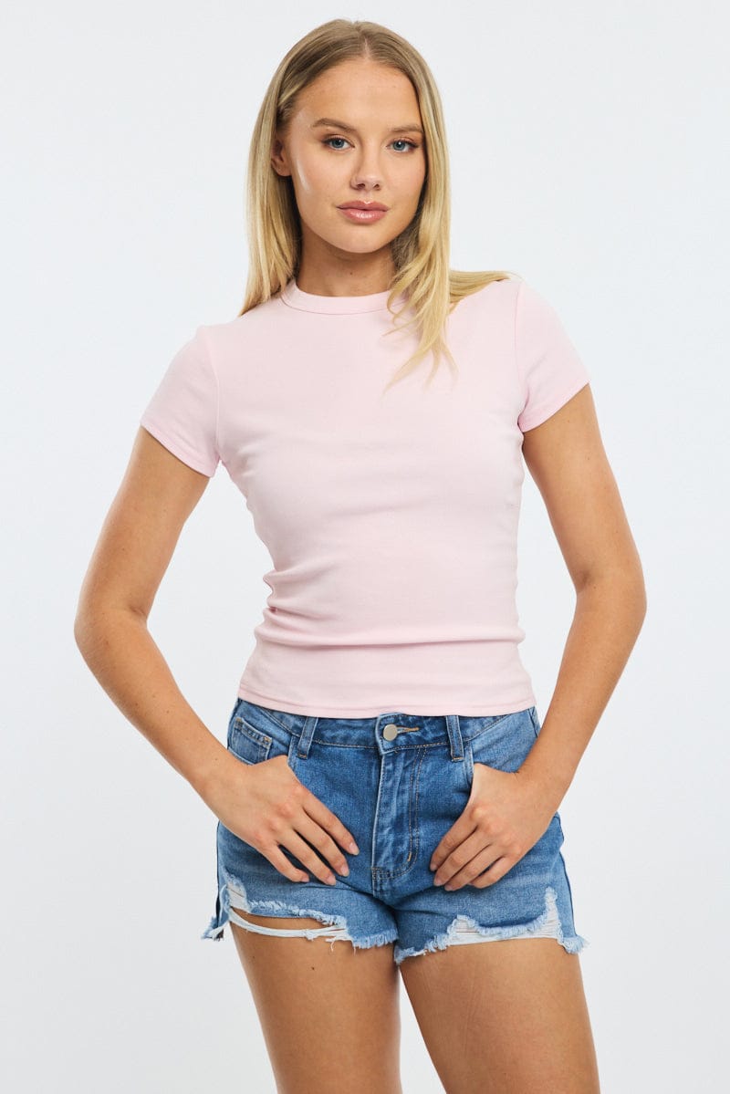 Pink T-shirt Short Sleeve Crew Neck for Ally Fashion