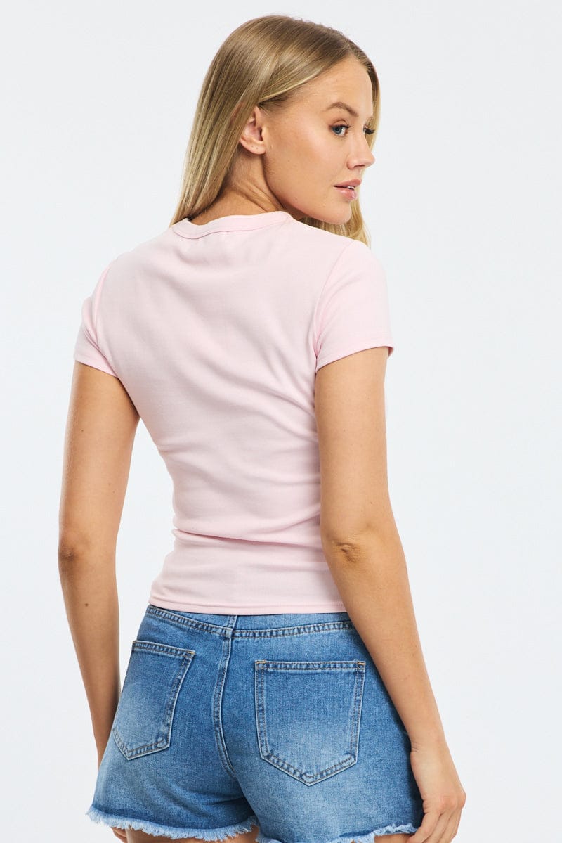 Pink T-shirt Short Sleeve Crew Neck for Ally Fashion