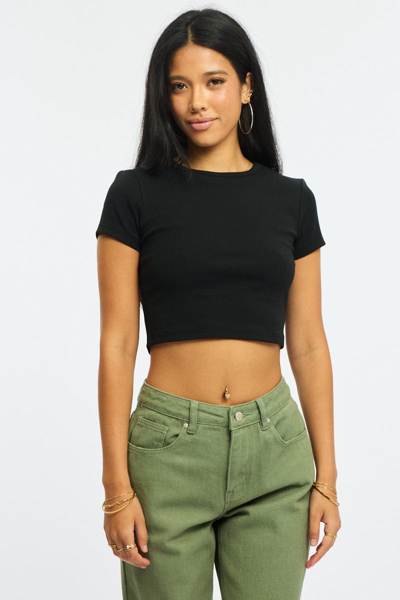 Black Cropped T-shirt Short Sleeve Crew Neck for Ally Fashion
