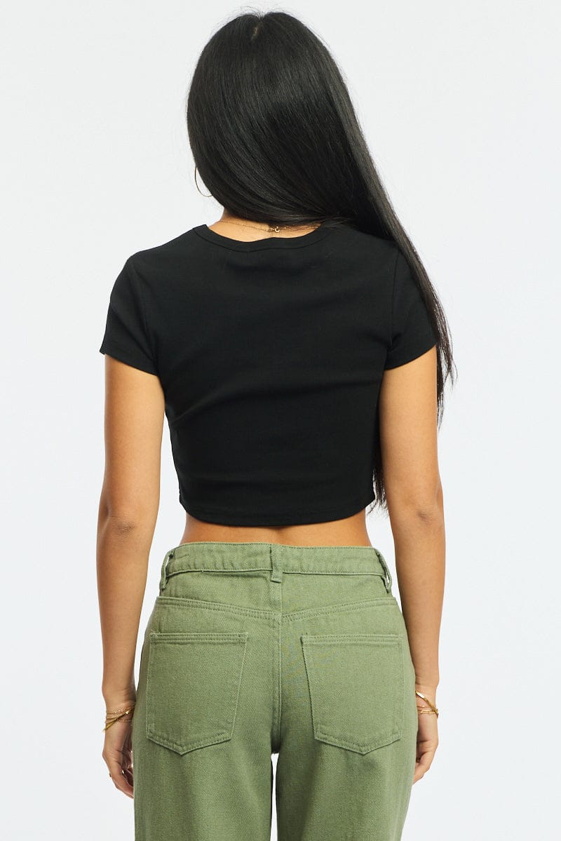 Black Cropped T-shirt Short Sleeve Crew Neck for Ally Fashion