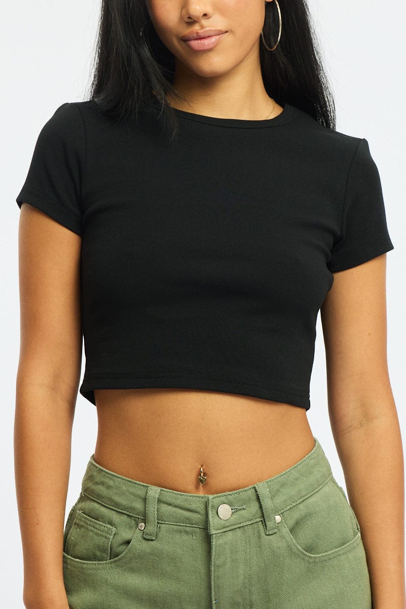 Black Cropped T-shirt Short Sleeve Crew Neck for Ally Fashion