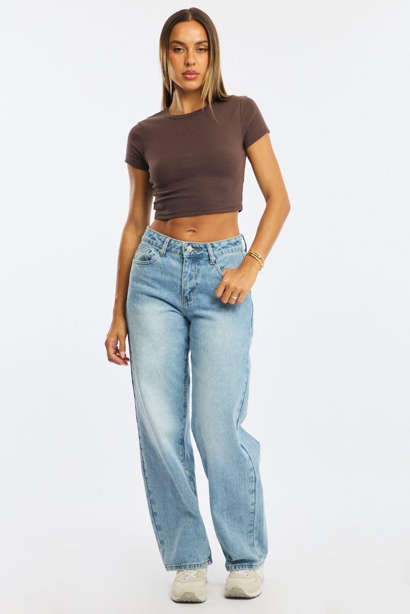 Brown Cropped T-shirt Short Sleeve Crew Neck for Ally Fashion