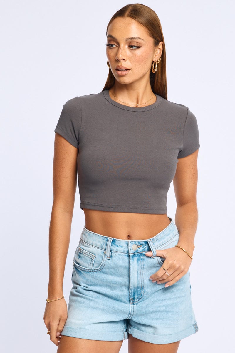 Grey Cropped T-shirt Short Sleeve Crew Neck for Ally Fashion