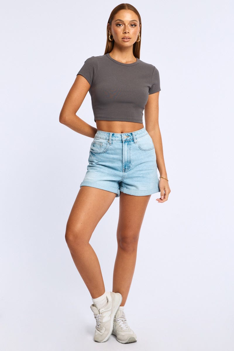 Grey Cropped T-shirt Short Sleeve Crew Neck for Ally Fashion