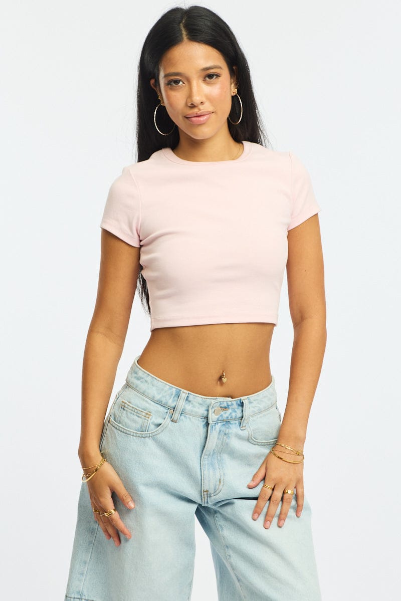 Pink Cropped T-shirt Short Sleeve Crew Neck for Ally Fashion