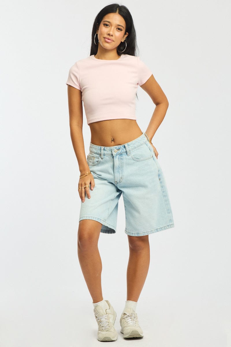 Pink Cropped T-shirt Short Sleeve Crew Neck for Ally Fashion