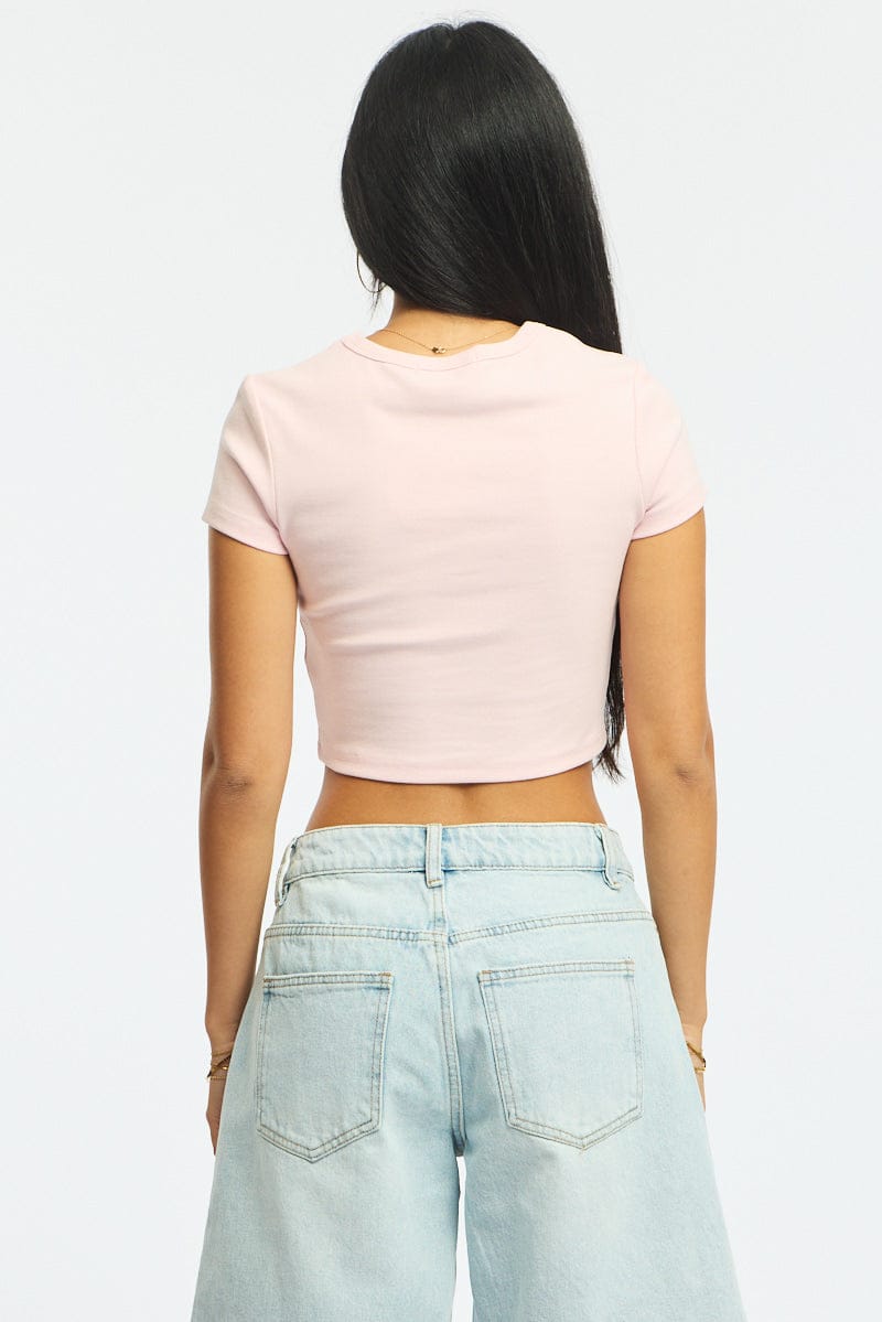 Pink Cropped T-shirt Short Sleeve Crew Neck for Ally Fashion