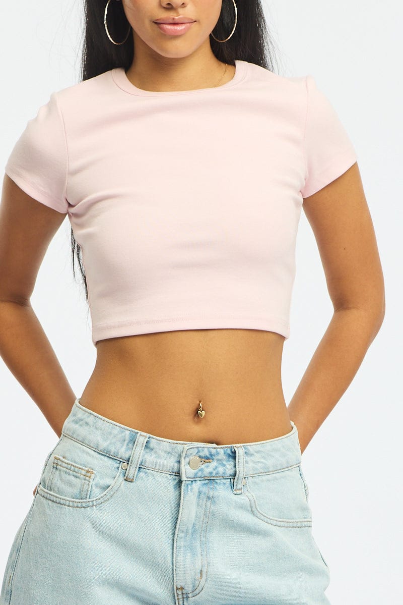 Pink Cropped T-shirt Short Sleeve Crew Neck for Ally Fashion