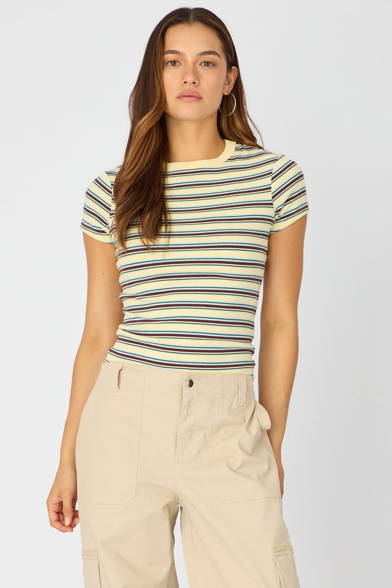 Yellow Stripe Stripe Tshirt Short Sleeve for Ally Fashion