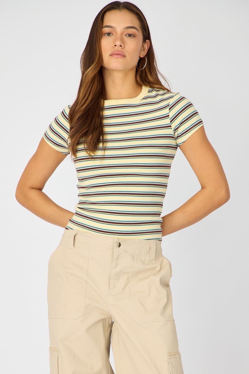Yellow Stripe Stripe Tshirt Short Sleeve for Ally Fashion