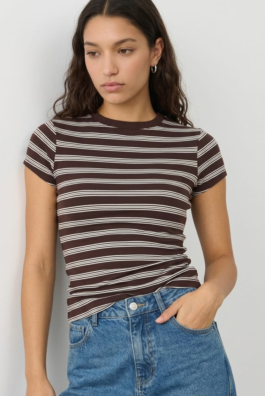 Brown Stripe Stripe Tshirt Short Sleeve for Ally Fashion
