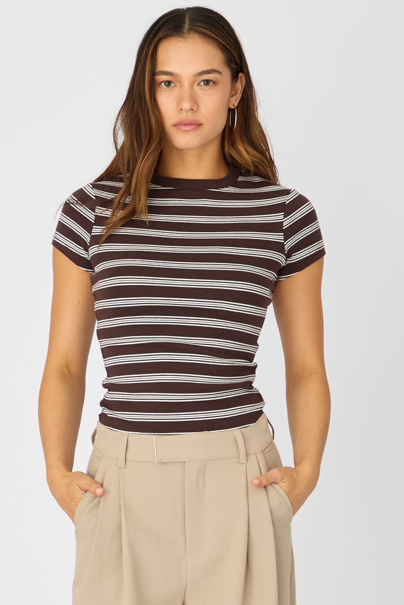Brown Stripe Stripe Tshirt Short Sleeve for Ally Fashion