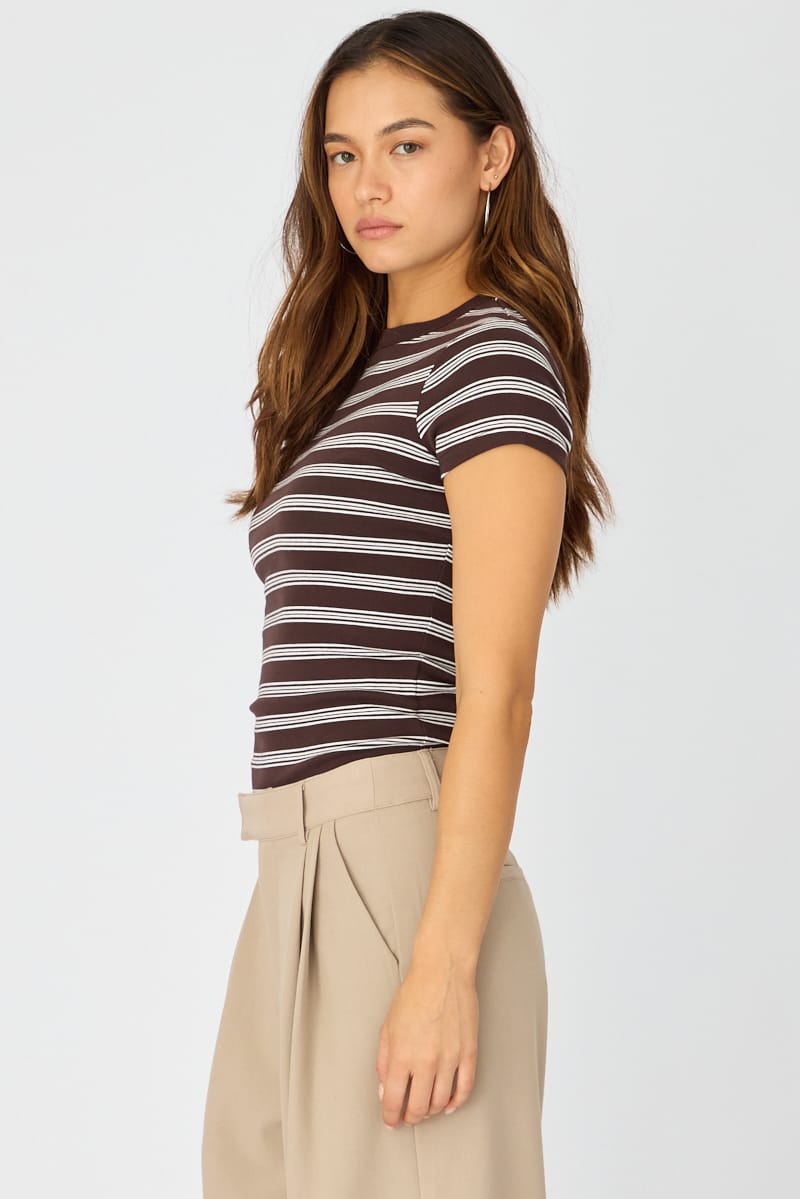 Brown Stripe Stripe Tshirt Short Sleeve for Ally Fashion