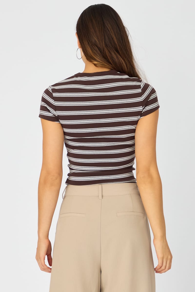 Brown Stripe Stripe Tshirt Short Sleeve for Ally Fashion