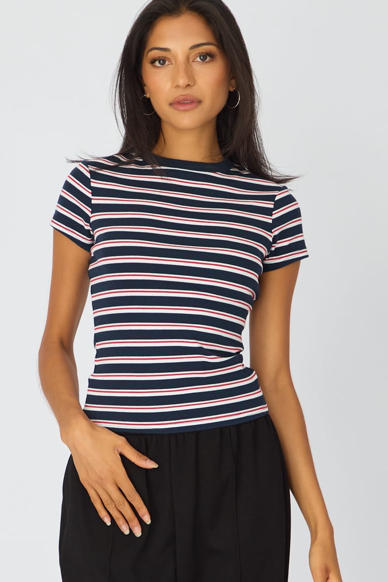 Blue Stripe Stripe Tshirt Short Sleeve for Ally Fashion