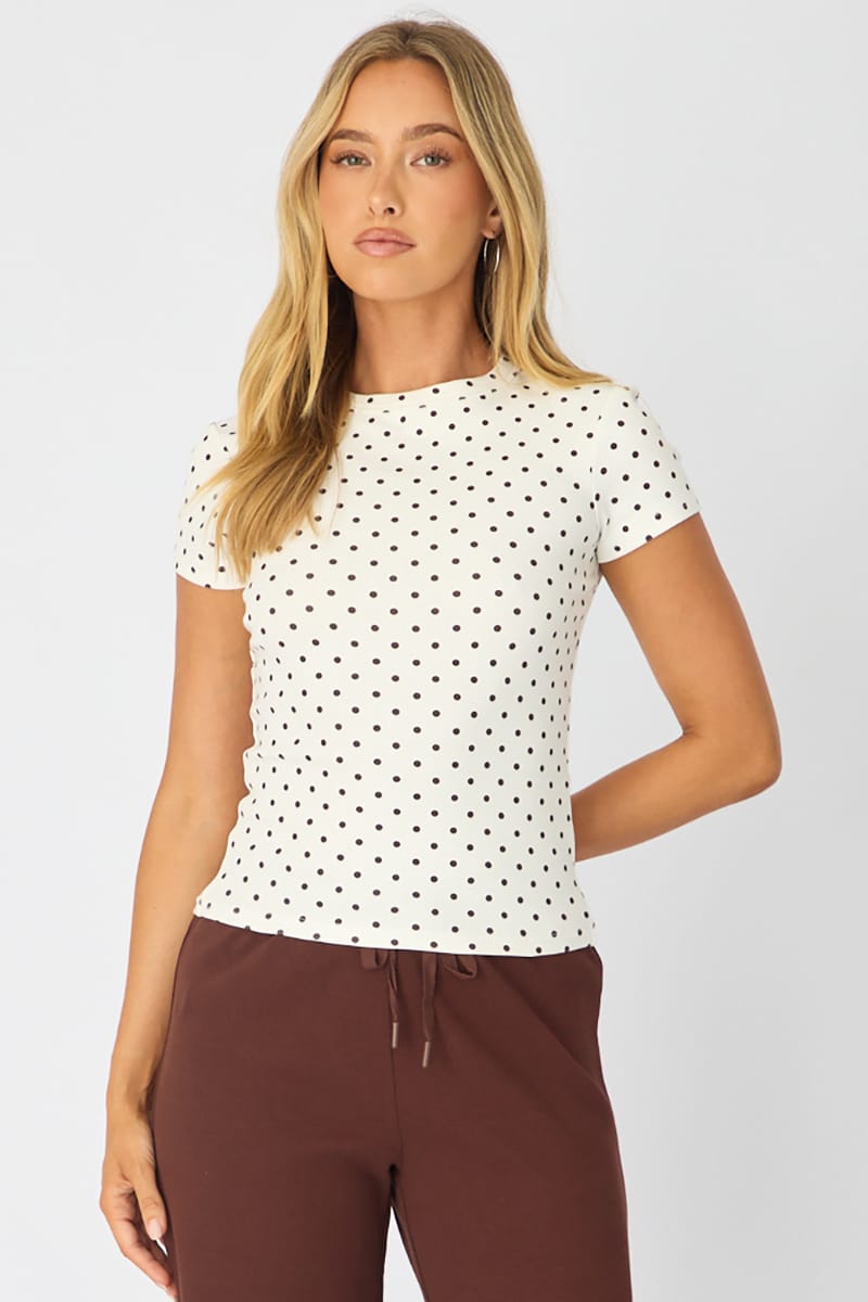 White Polka Dot T-shirt Short Sleeve Crew Neck for Ally Fashion