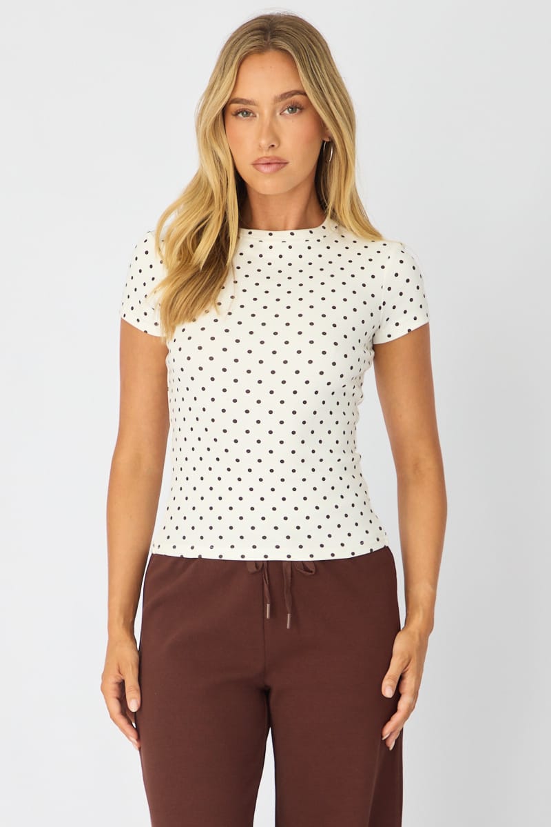 White Polka Dot T-shirt Short Sleeve Crew Neck for Ally Fashion