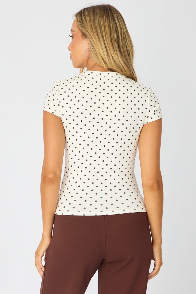 White Polka Dot T-shirt Short Sleeve Crew Neck for Ally Fashion
