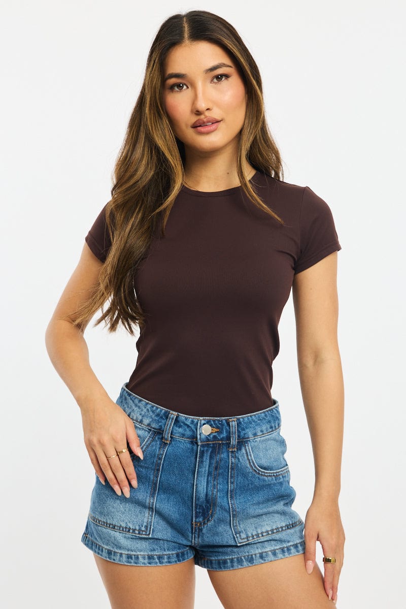Brown T-shirt Cap Sleeve Supersoft for Ally Fashion