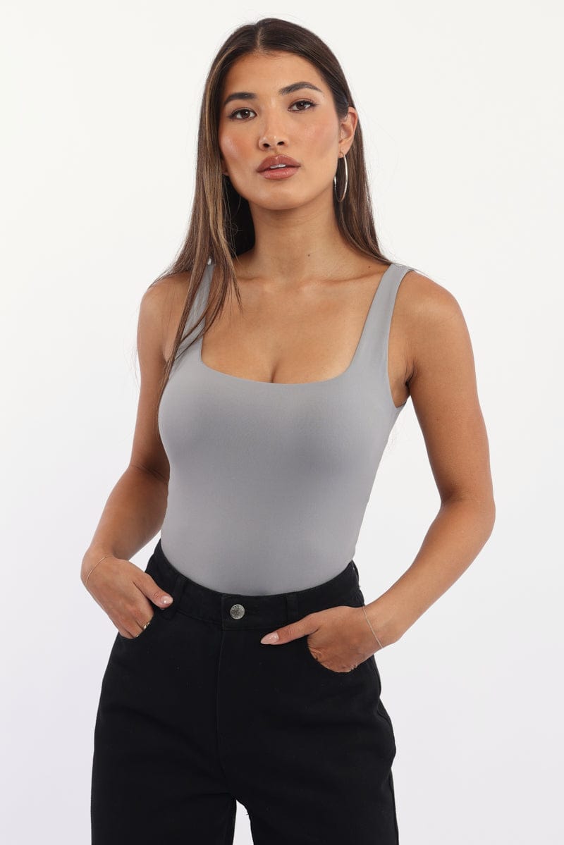 Grey Bodysuit Sleeveless Double-Layered Supersoft from Ally Fashion