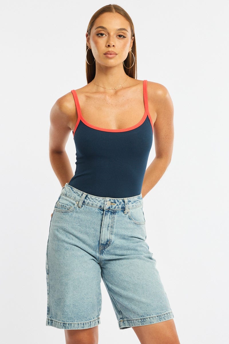 Blue Tank Top Sleeveless Rib for Ally Fashion